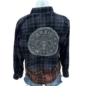 Starbucks Basic Witch Plaid Flannel Shirt SMALL Oversized Unique Halloween Black